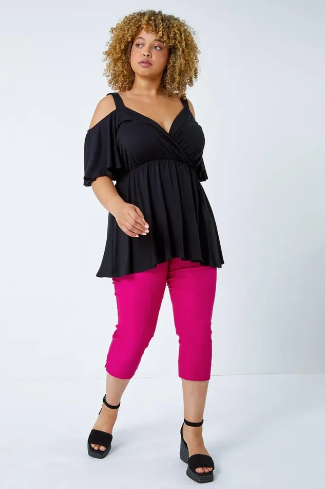 Women Black Curve VNeck Cold Shoulder Wrap Top Roman Tops