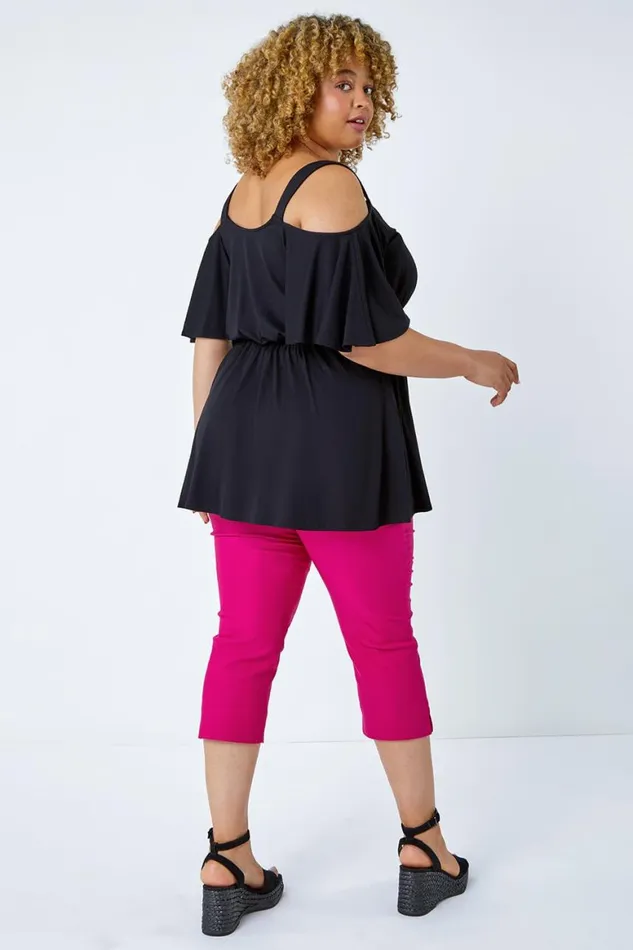 Women Black Curve VNeck Cold Shoulder Wrap Top Roman Tops
