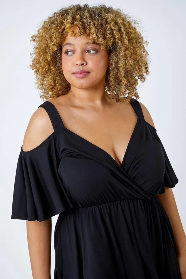 Women Black Curve VNeck Cold Shoulder Wrap Top Roman Tops