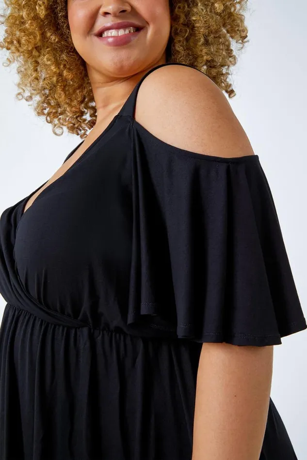 Women Black Curve VNeck Cold Shoulder Wrap Top Roman Tops