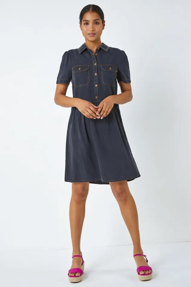 Women Black Denim Skater Shirt Dress Roman Dresses
