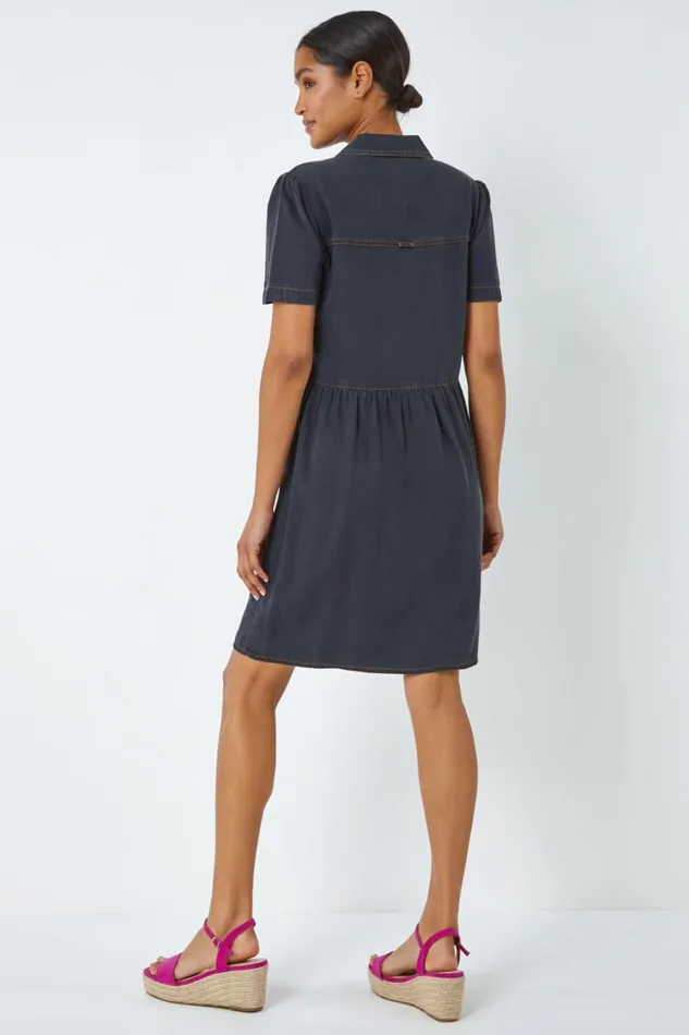 Women Black Denim Skater Shirt Dress Roman Dresses