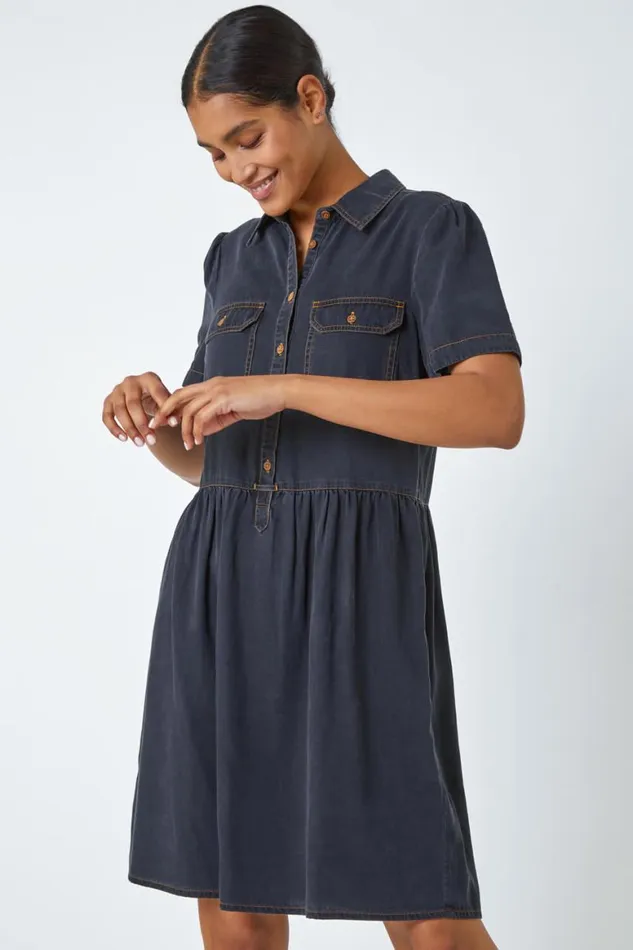 Women Black Denim Skater Shirt Dress Roman Dresses
