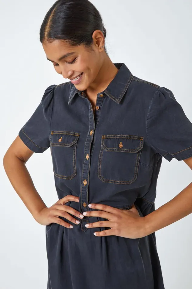 Women Black Denim Skater Shirt Dress Roman Dresses