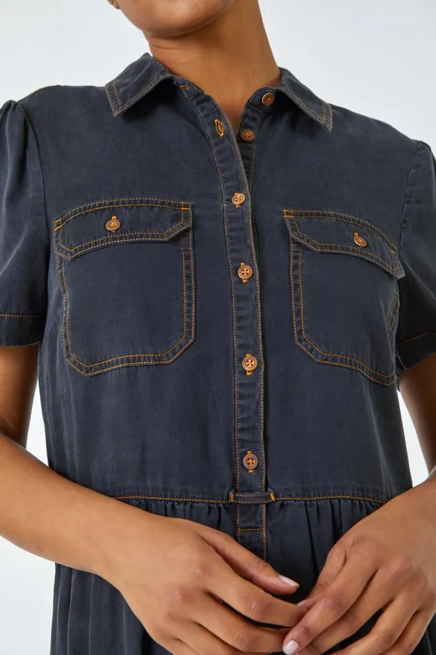 Women Black Denim Skater Shirt Dress Roman Dresses