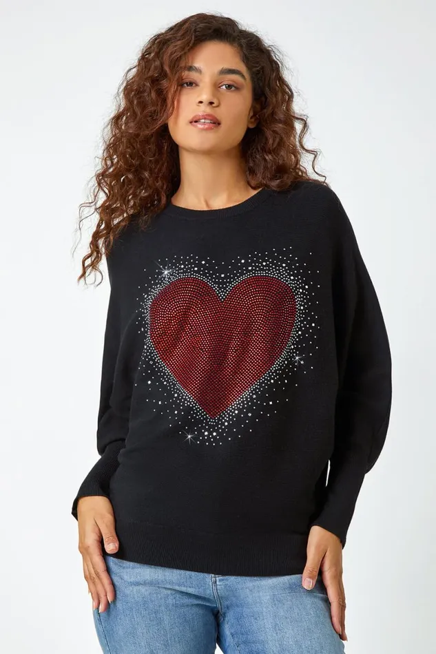 Women Black Diamante Embellished Heart Print Jumper Roman Knitwear