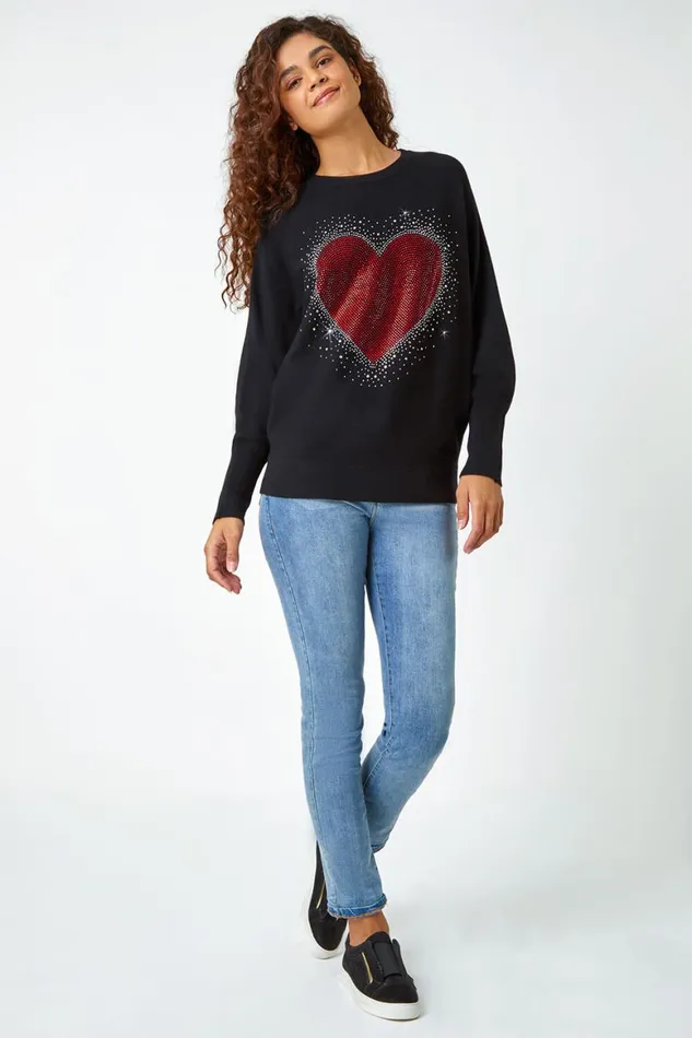 Women Black Diamante Embellished Heart Print Jumper Roman Knitwear