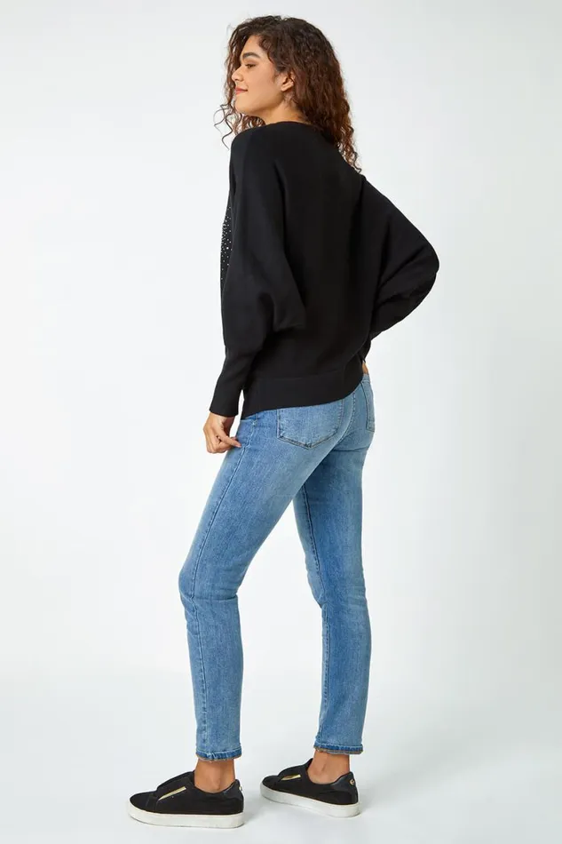 Women Black Diamante Embellished Heart Print Jumper Roman Knitwear