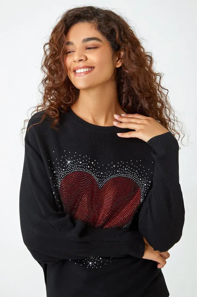 Women Black Diamante Embellished Heart Print Jumper Roman Knitwear