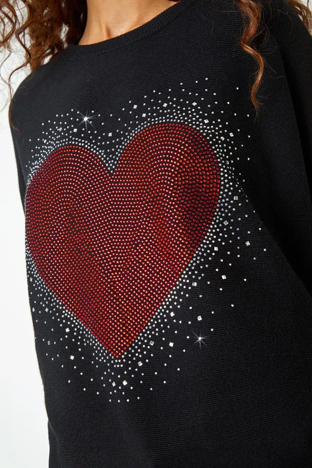 Women Black Diamante Embellished Heart Print Jumper Roman Knitwear