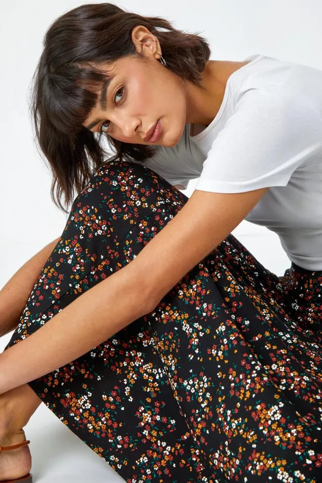 Women Black Ditsy Floral Jersey Skirt Roman Skirts
