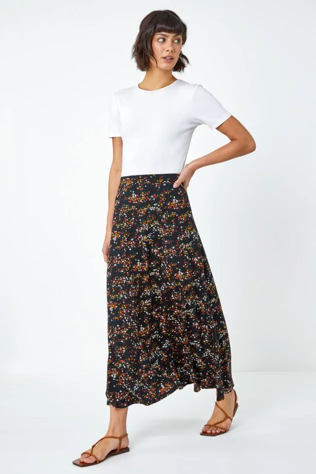 Women Black Ditsy Floral Jersey Skirt Roman Skirts