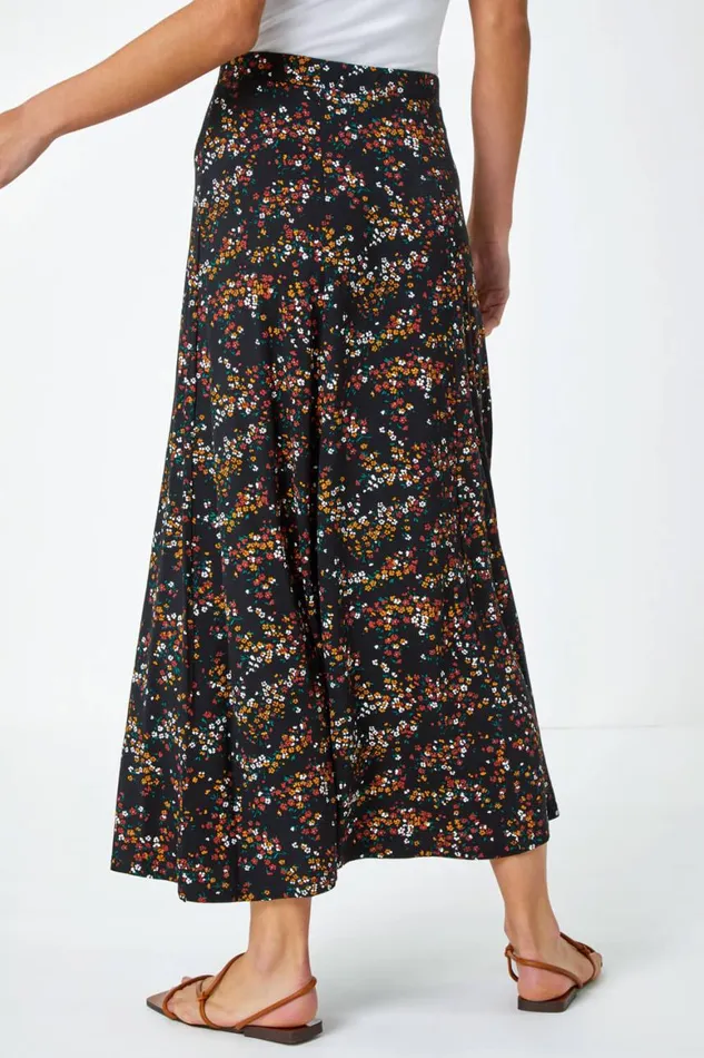 Women Black Ditsy Floral Jersey Skirt Roman Skirts