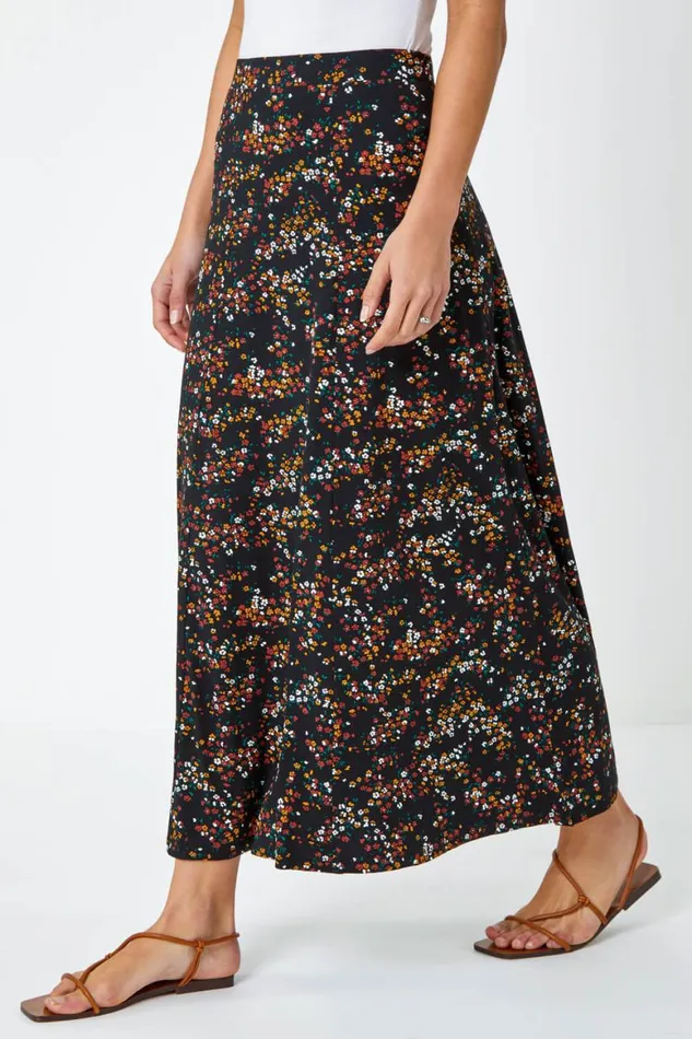 Women Black Ditsy Floral Jersey Skirt Roman Skirts