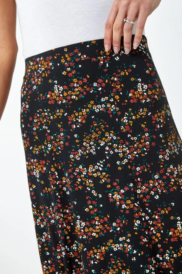 Women Black Ditsy Floral Jersey Skirt Roman Skirts