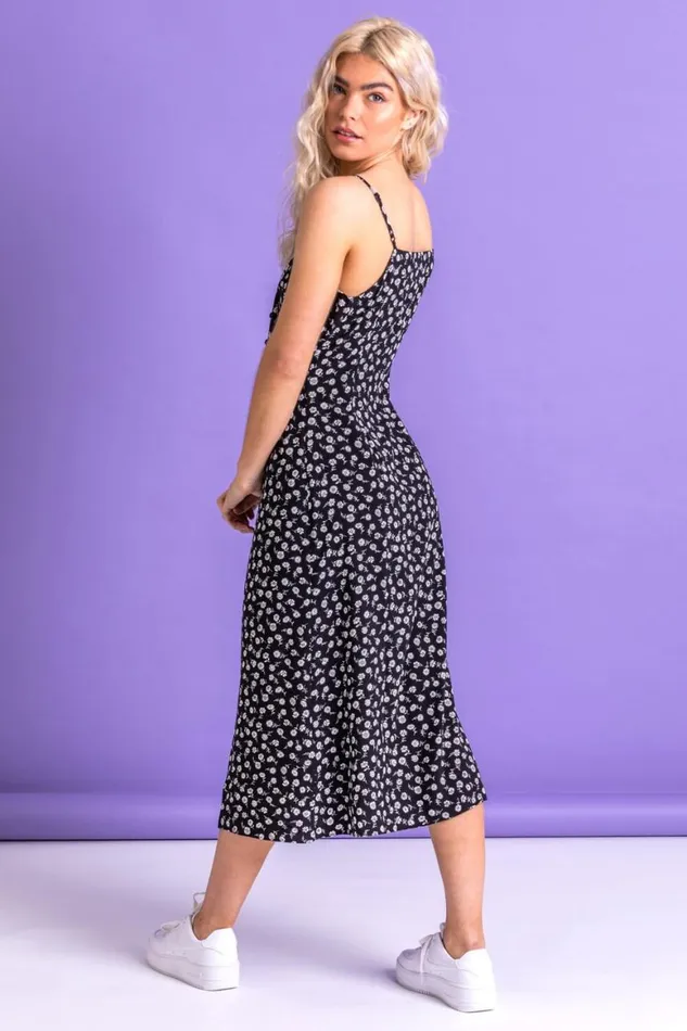 Women Black Ditsy Floral Print Midi Dress Roman Dresses