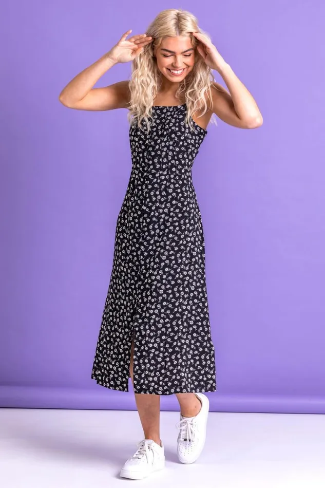 Women Black Ditsy Floral Print Midi Dress Roman Dresses