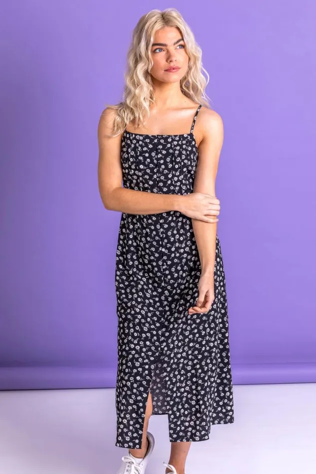 Women Black Ditsy Floral Print Midi Dress Roman Dresses