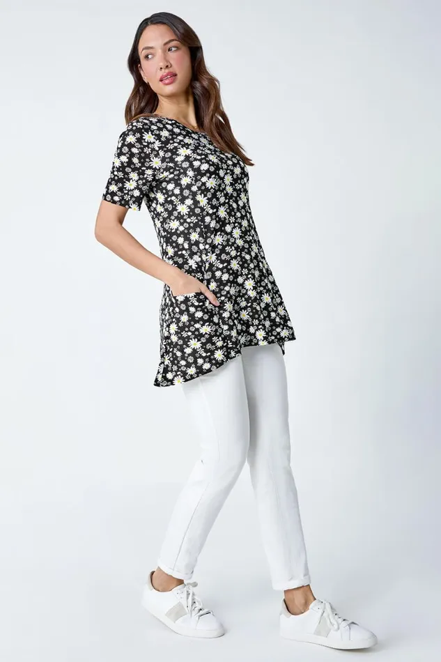 Women Black Ditsy Print Pocket Detail Tunic Top Roman Tops