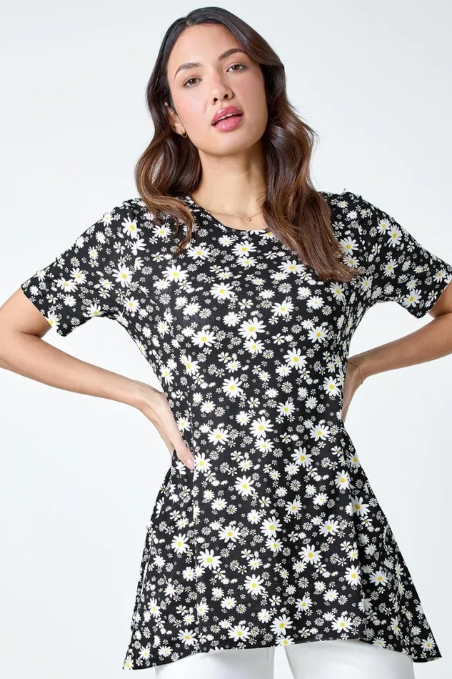 Women Black Ditsy Print Pocket Detail Tunic Top Roman Tops