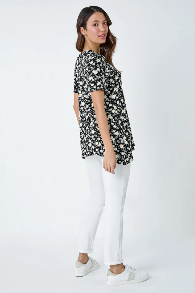 Women Black Ditsy Print Pocket Detail Tunic Top Roman Tops