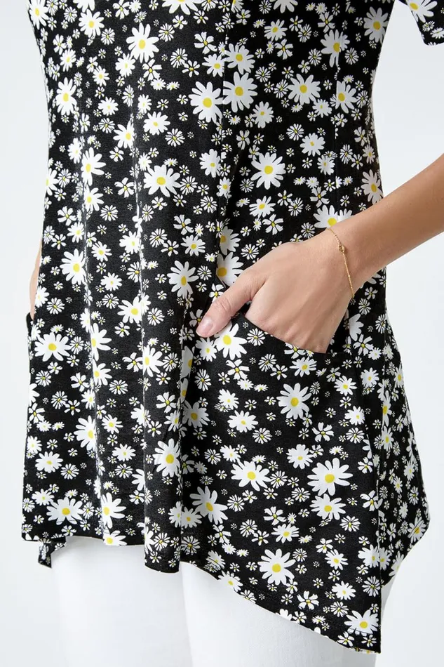Women Black Ditsy Print Pocket Detail Tunic Top Roman Tops