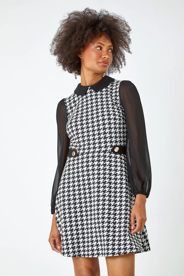 Women Black Dogtooth Check Stretch Shirt Dress Roman Dresses