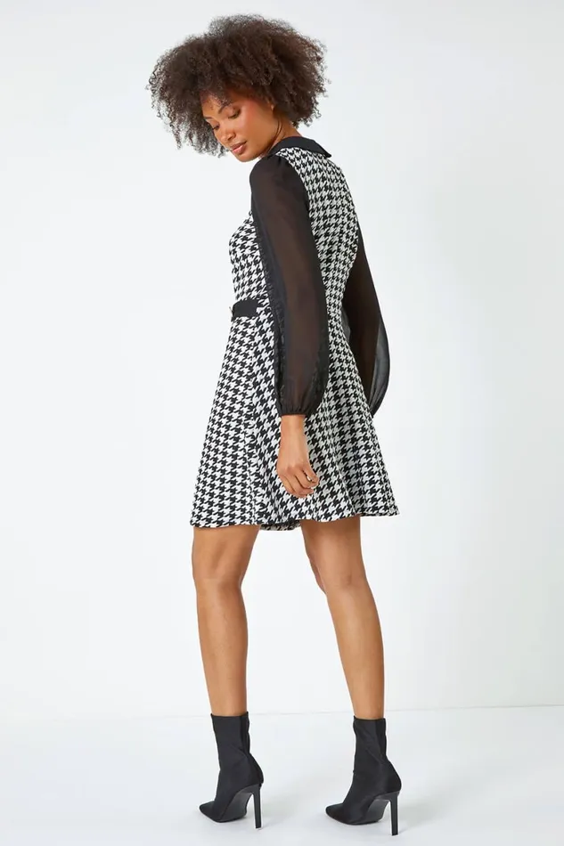 Women Black Dogtooth Check Stretch Shirt Dress Roman Dresses