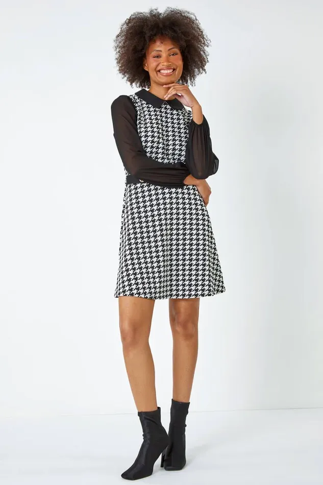 Women Black Dogtooth Check Stretch Shirt Dress Roman Dresses