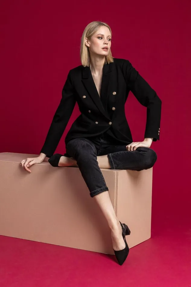 Women Black Double Breasted Smart Blazer Roman Occasionwear