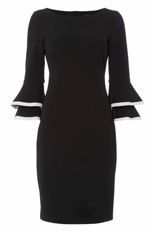 Women Black Double Fluted 34 Length Sleeve Shift Dress Roman Dresses