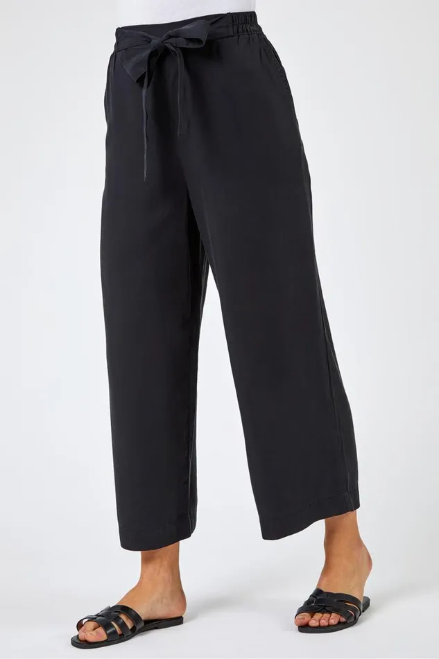 Women Black Elastic Tie Waist Cropped Culottes Roman Trousers