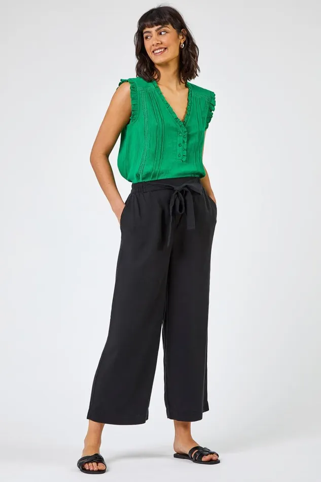 Women Black Elastic Tie Waist Cropped Culottes Roman Trousers
