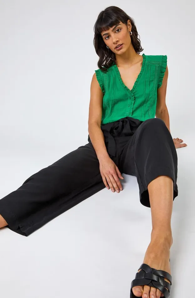 Women Black Elastic Tie Waist Cropped Culottes Roman Trousers