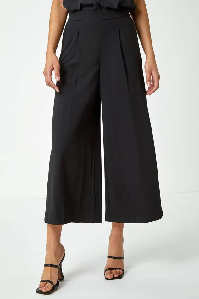 Women Black Elastic Waist Wide Leg Cropped Culottes Roman Occasionwear
