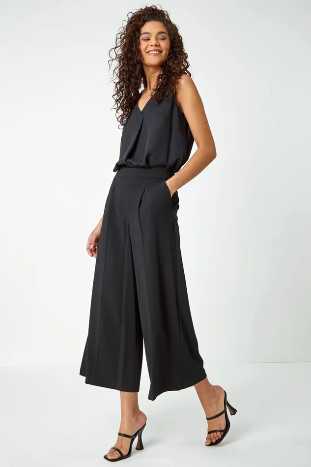 Women Black Elastic Waist Wide Leg Cropped Culottes Roman Occasionwear
