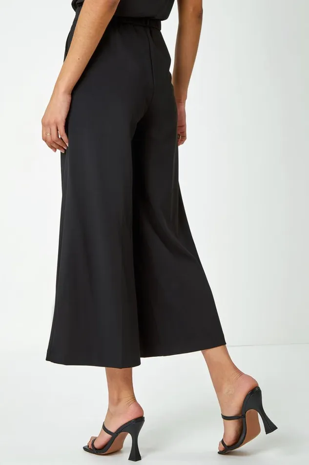 Women Black Elastic Waist Wide Leg Cropped Culottes Roman Occasionwear
