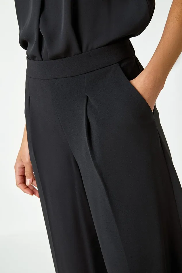 Women Black Elastic Waist Wide Leg Cropped Culottes Roman Occasionwear