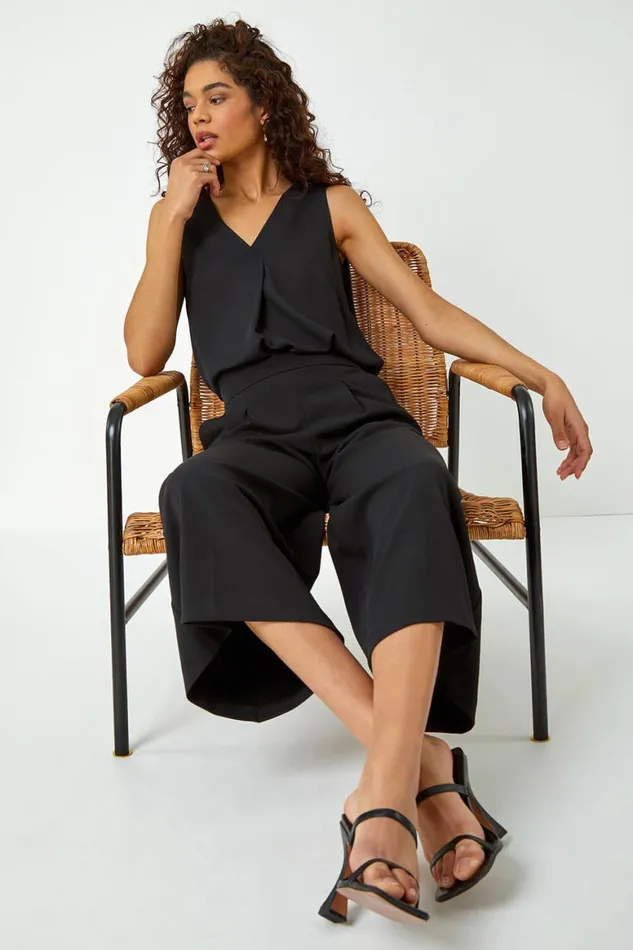 Women Black Elastic Waist Wide Leg Cropped Culottes Roman Occasionwear