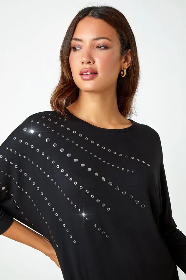 Women Black Embellished Blouson Stretch Top Roman Tops