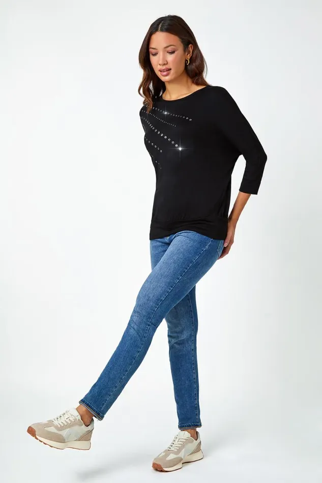 Women Black Embellished Blouson Stretch Top Roman Tops