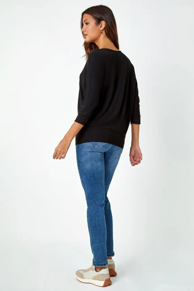Women Black Embellished Blouson Stretch Top Roman Tops