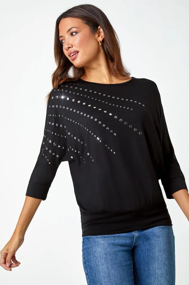 Women Black Embellished Blouson Stretch Top Roman Tops