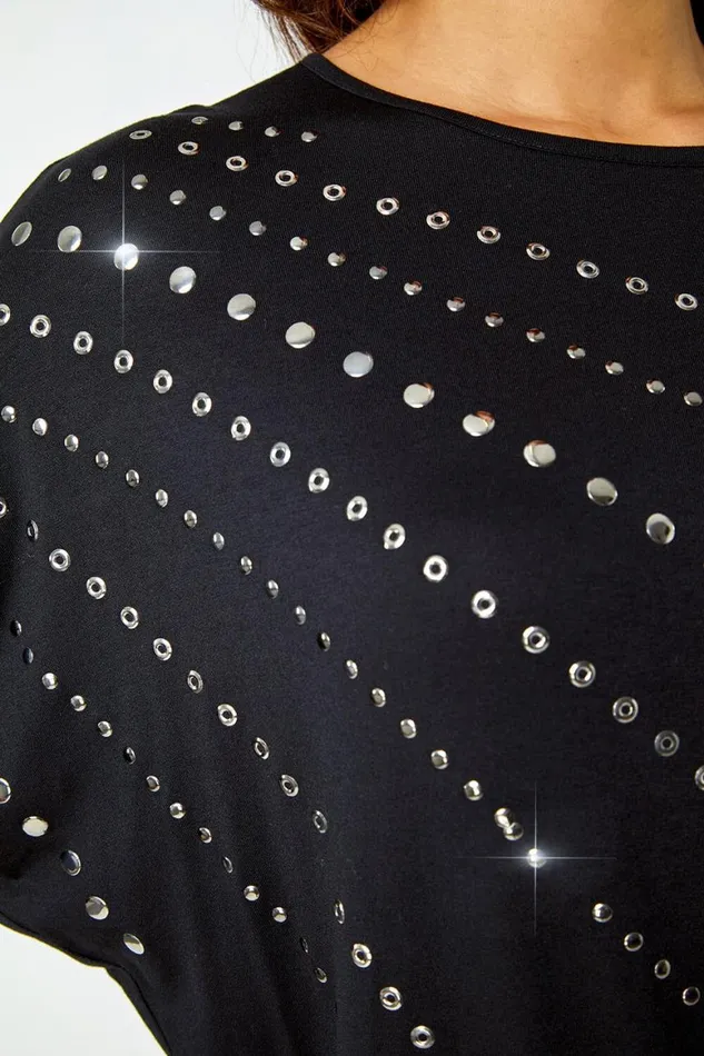 Women Black Embellished Blouson Stretch Top Roman Tops