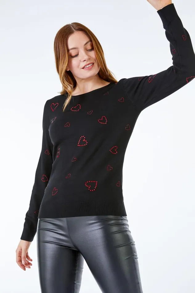 Women Black Embellished Heart Jumper Roman Tops