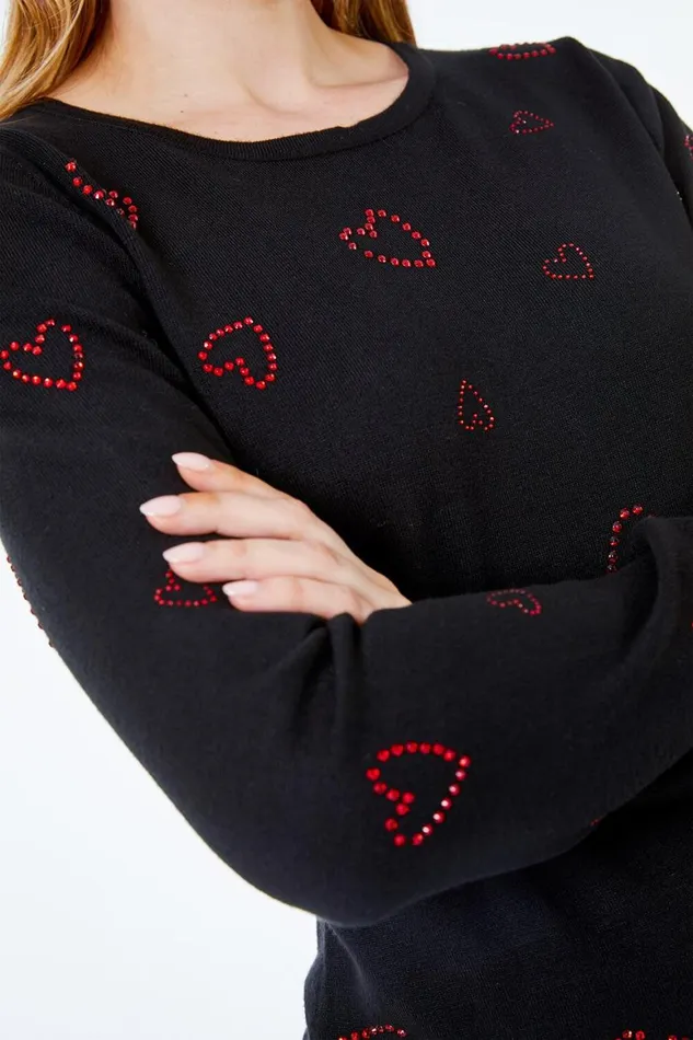 Women Black Embellished Heart Jumper Roman Tops