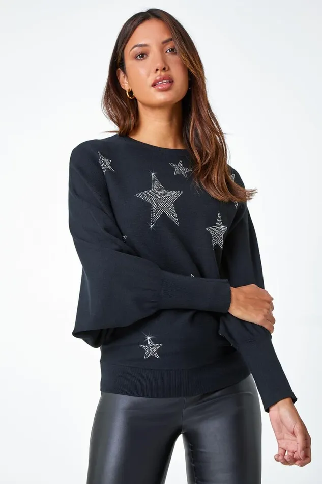 Women Black Embellished Star Print Jumper Roman Knitwear