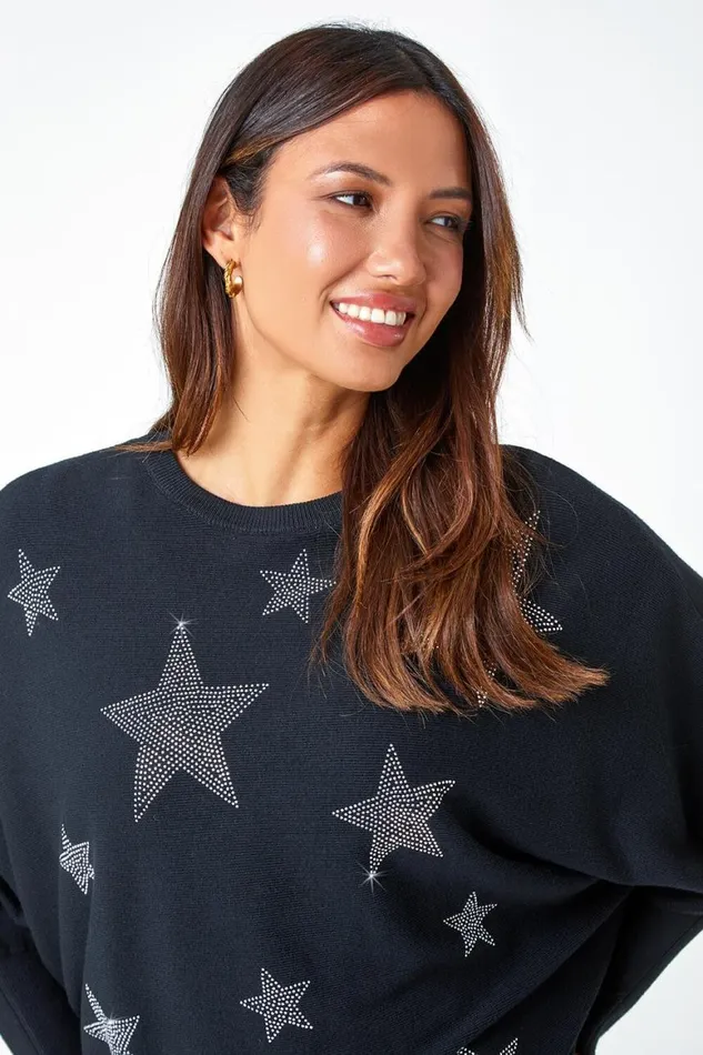 Women Black Embellished Star Print Jumper Roman Knitwear