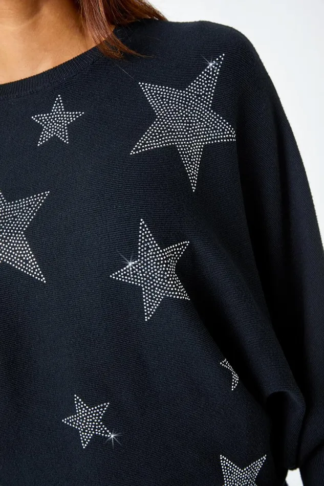 Women Black Embellished Star Print Jumper Roman Knitwear