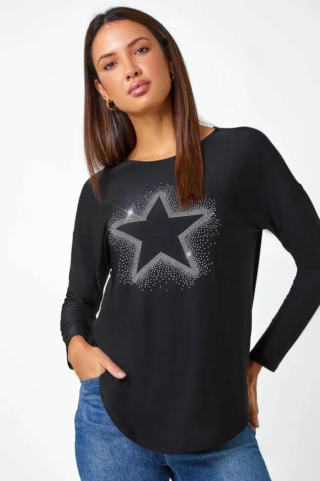 Women Black Embellished Star Print Stretch Top Roman Tops